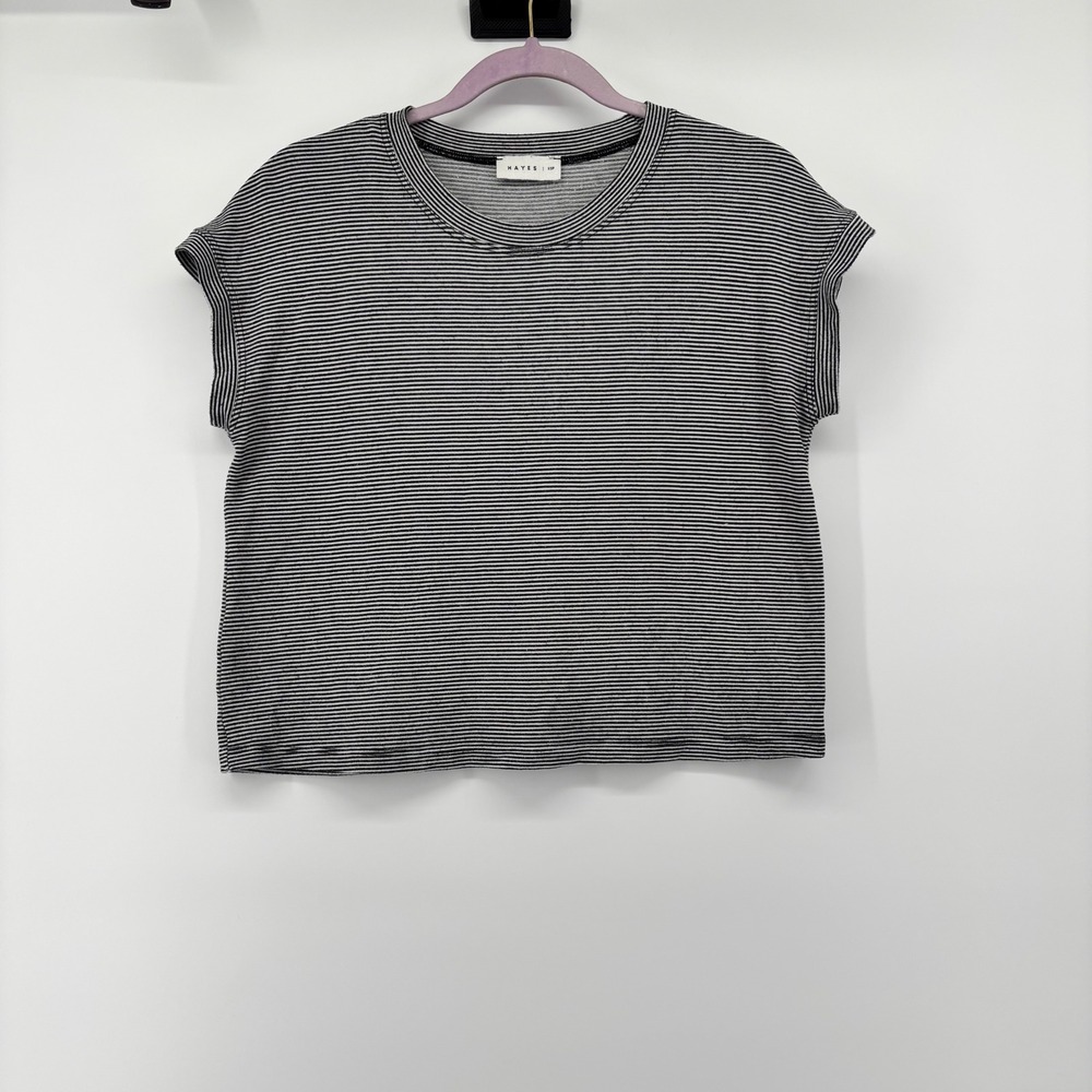 Hayes Womens XSP Black White Bitsy Striped‎ Cap Sleeve Crew Neck Knit Top Petite